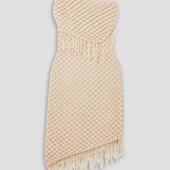 SAVANNAH MORROW Crochet Pima Cotton Mini Dres, One Shoulder, Fringe, Coverup NWT - Picture 4 of 9